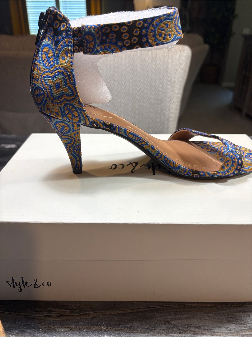 Style & Co. Blue and Gold Patterned Ankle-Strap Heels